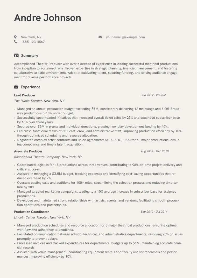 Theater Producer Resume Example CV template preview
