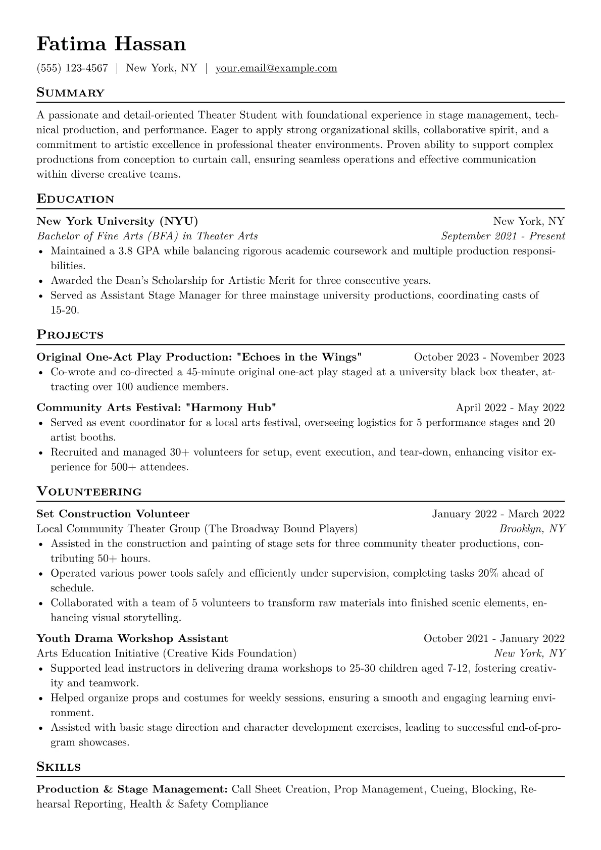 Theater Student Resume Example CV template - Page 1