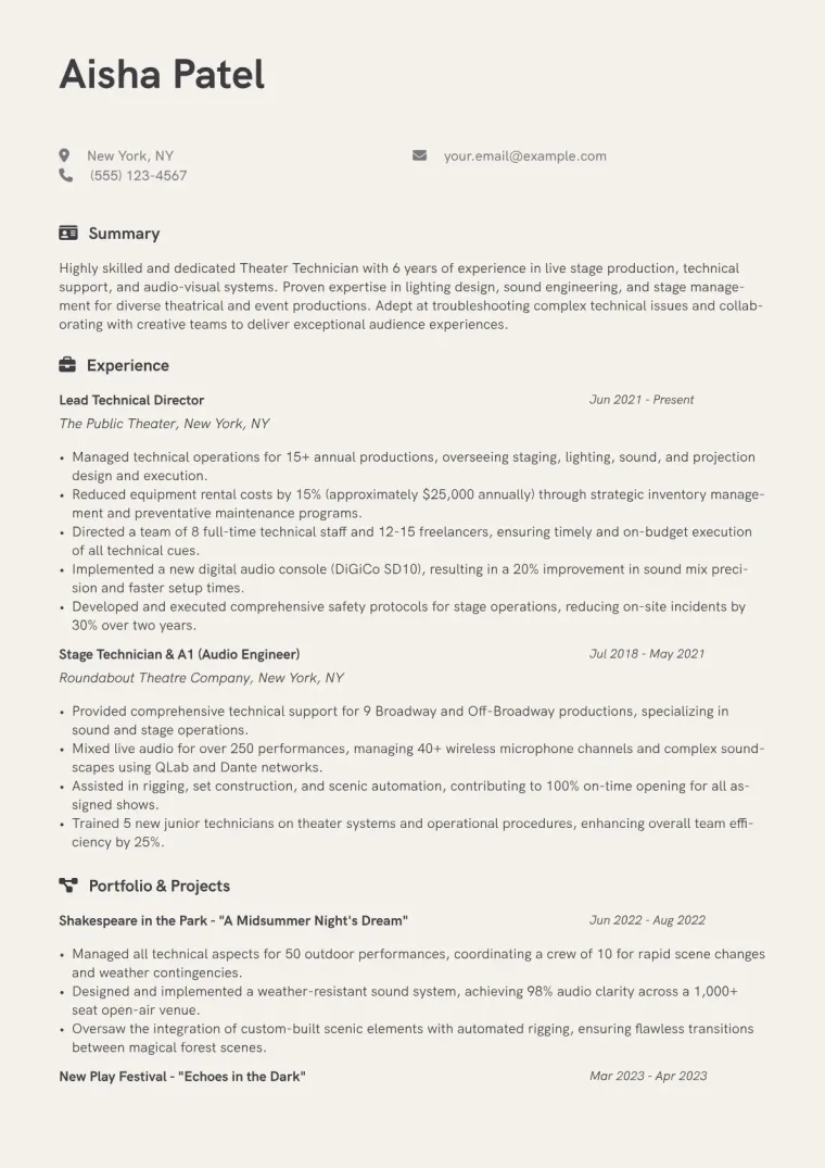 Theater Technician Resume Example CV template preview