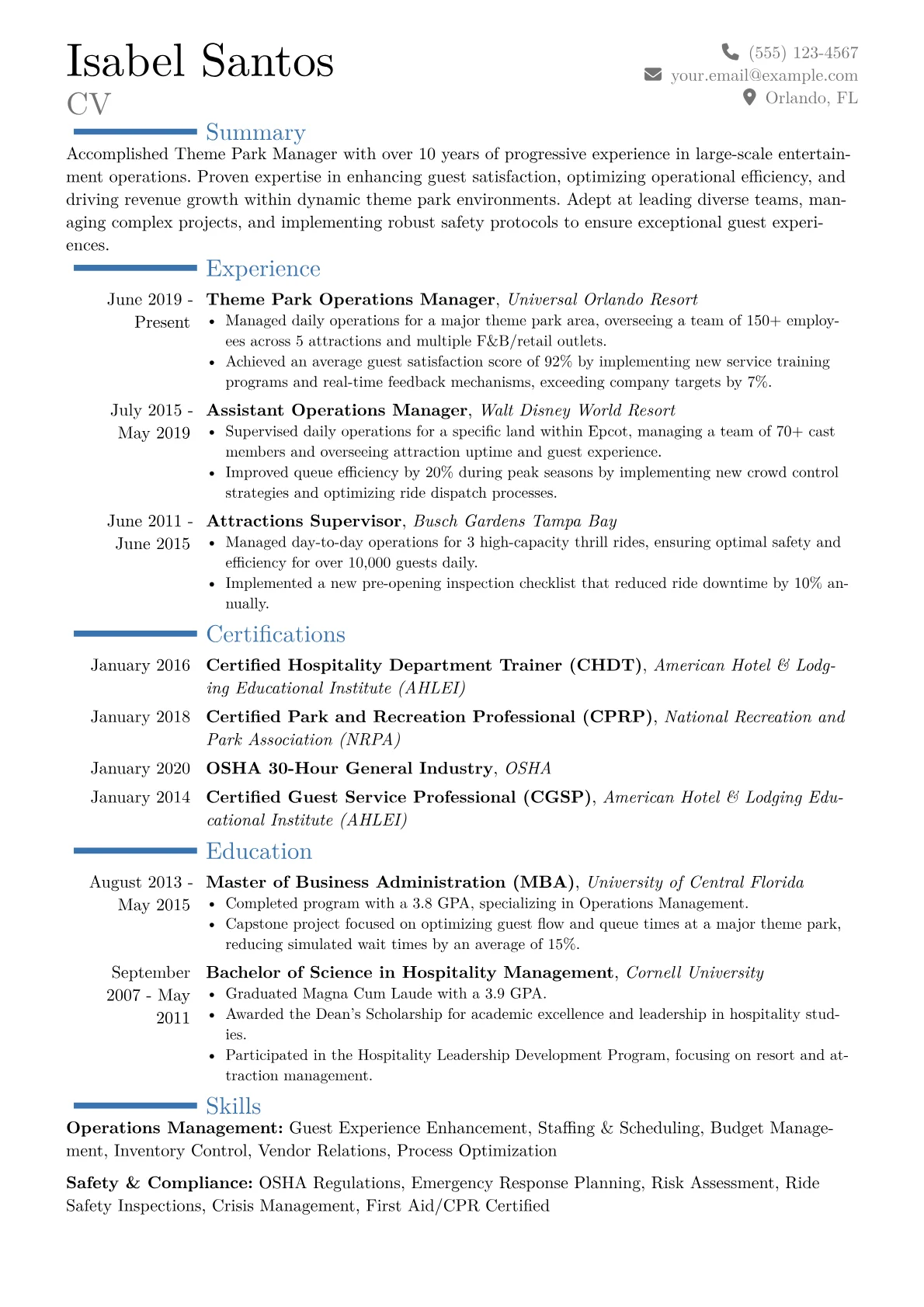Theme Park Manager Resume Example CV template - Page 1