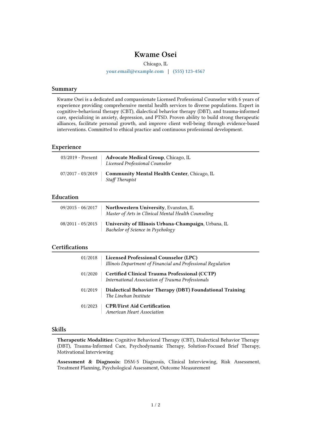 Therapist Resume Example CV template - Page 1