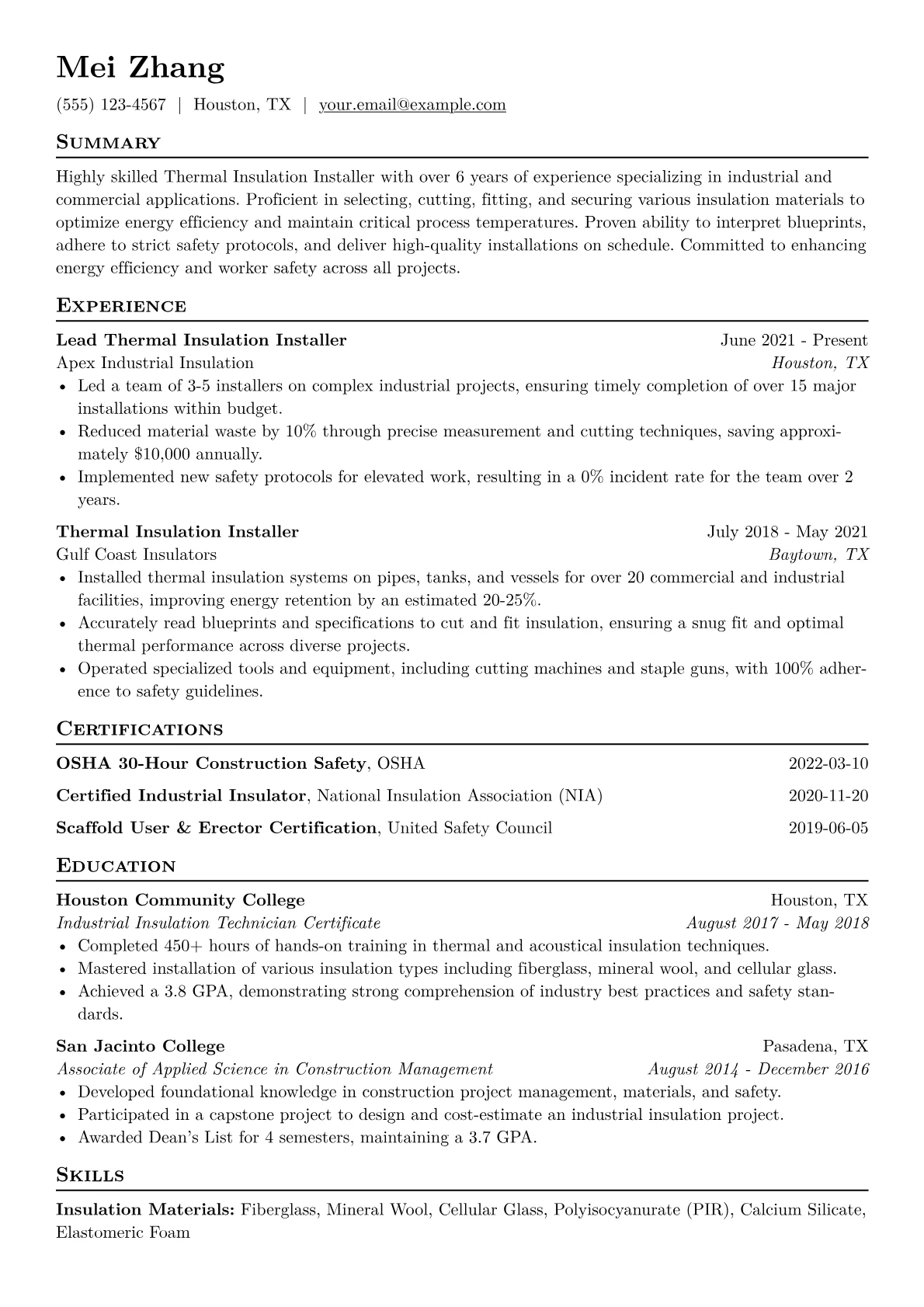 Thermal Insulation Installer Resume Example CV template - Page 1