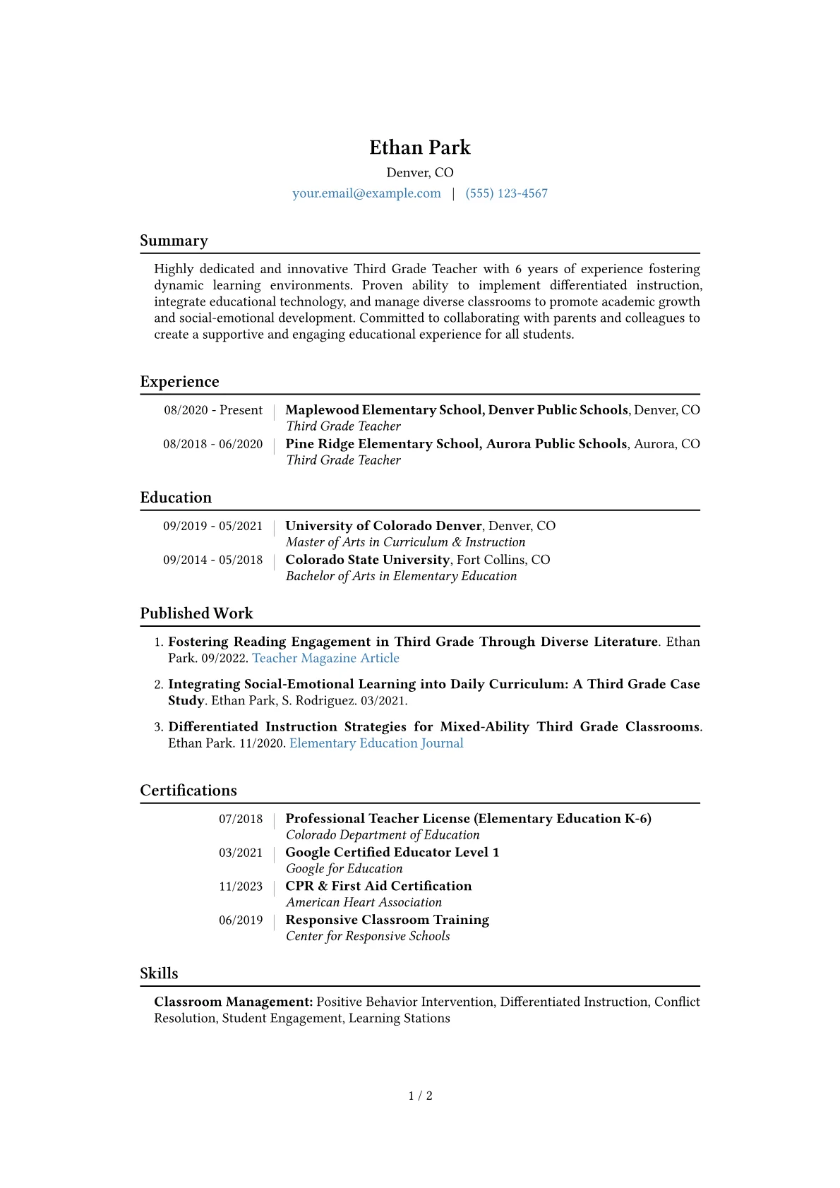 Third Grade Teacher Resume Example CV template - Page 1
