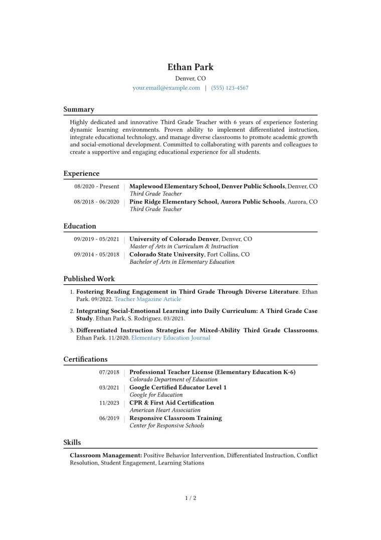 Third Grade Teacher Resume Example CV template preview