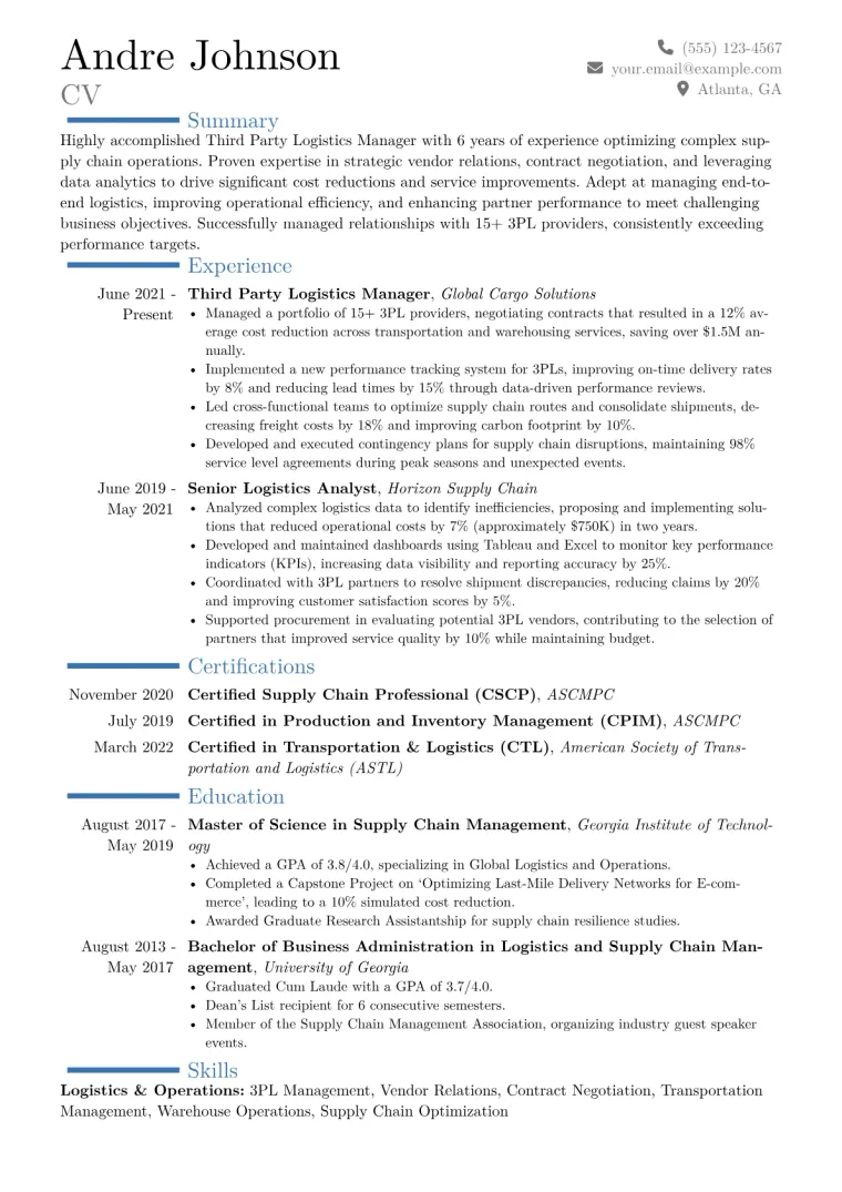 Third Party Logistics Manager Resume Example CV template preview