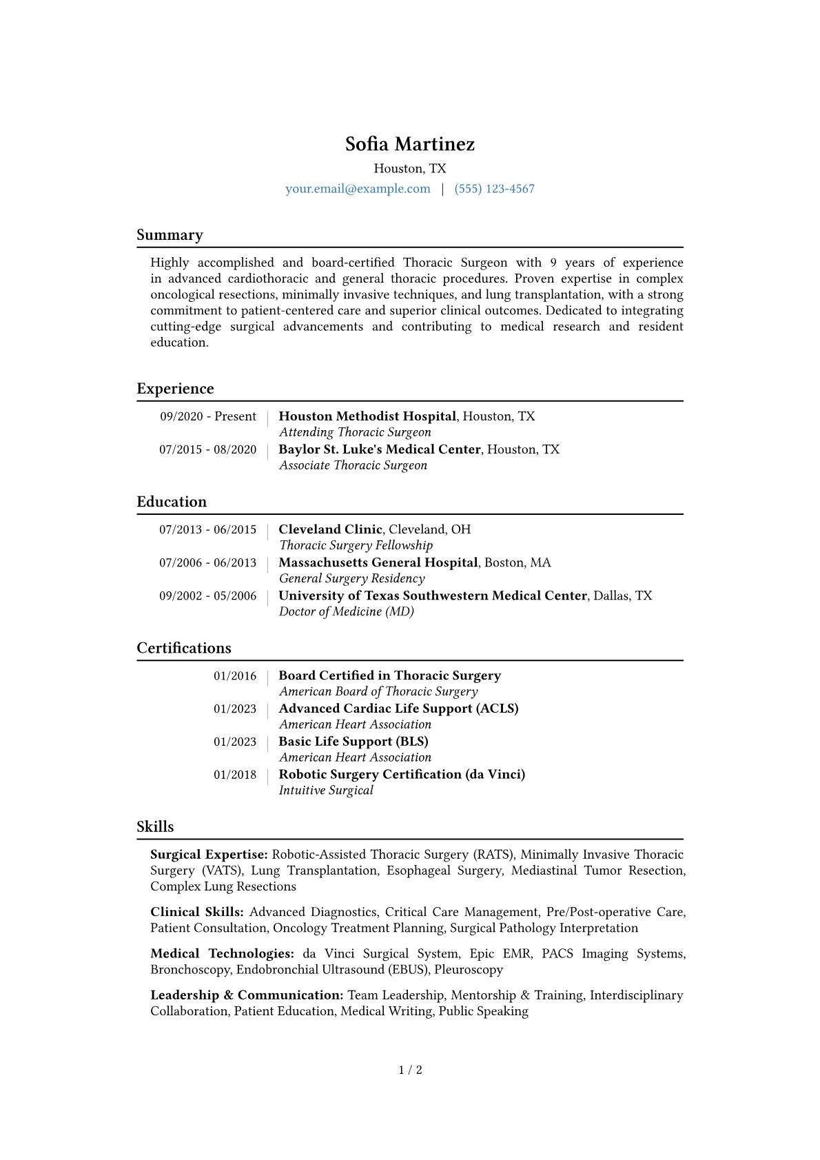 Thoracic Surgeon Resume Example CV template - Page 1