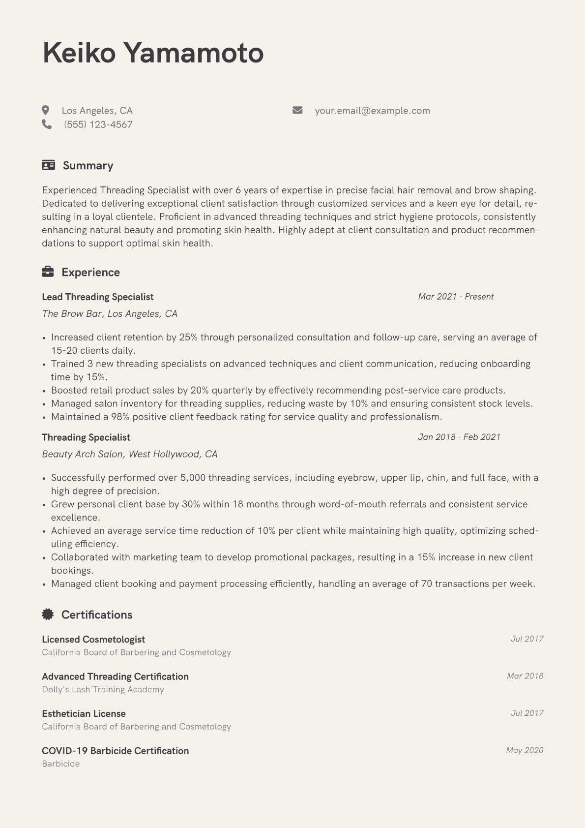 Threading Specialist Resume Example CV template - Page 1
