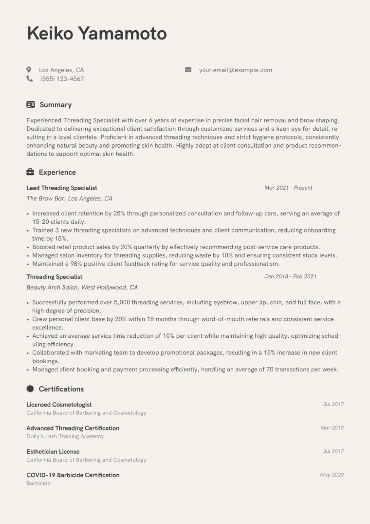 Threading Specialist Resume Example CV template preview