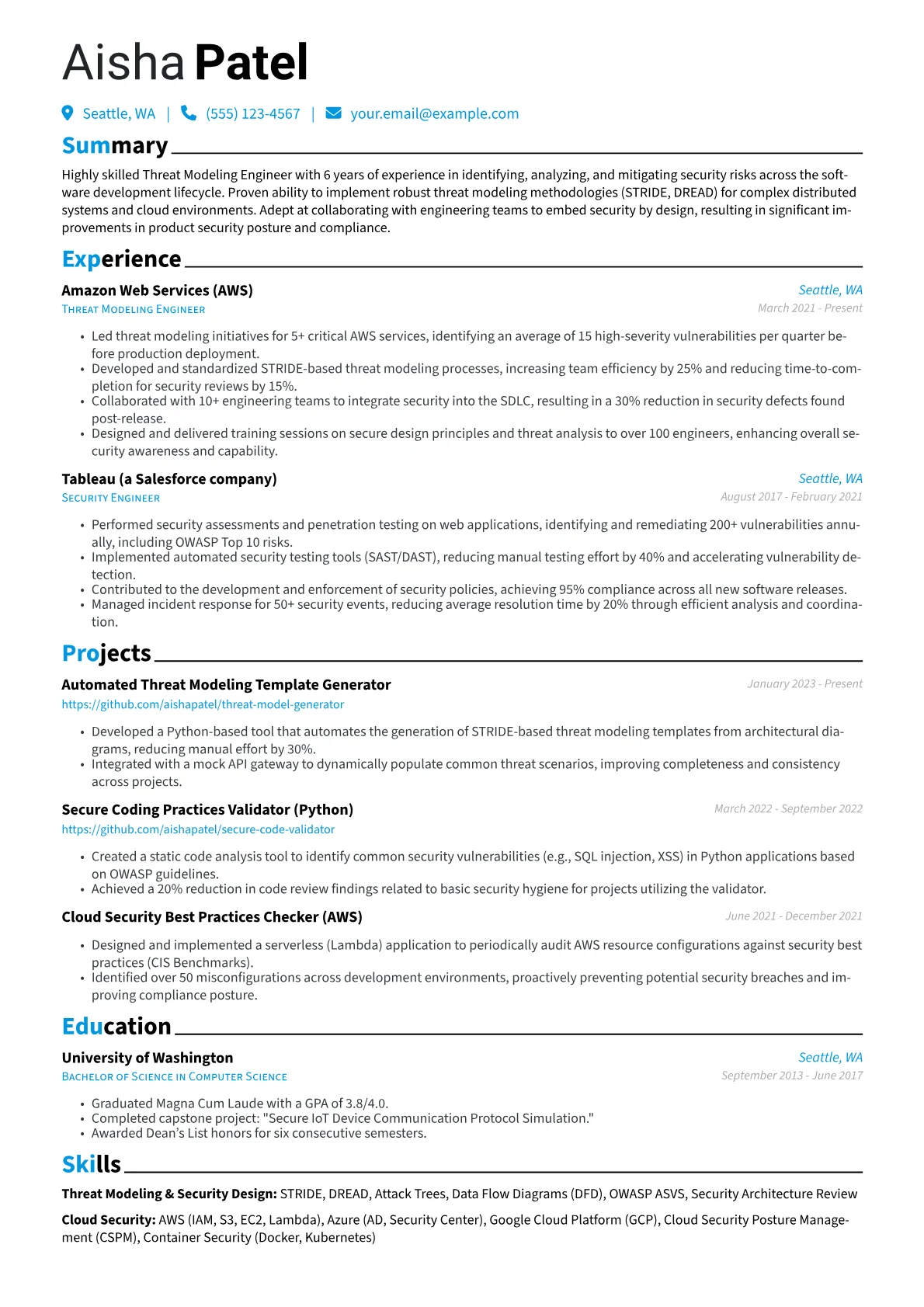 Threat Modeling Engineer Resume Example CV template - Page 1