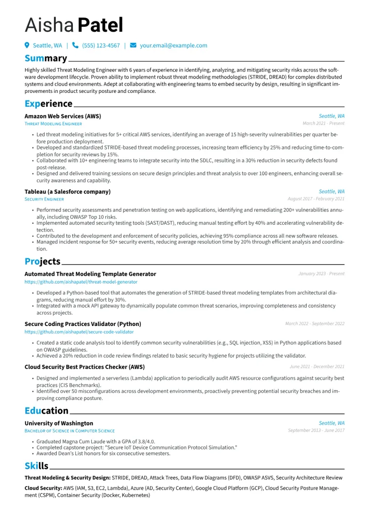 Threat Modeling Engineer Resume Example CV template preview