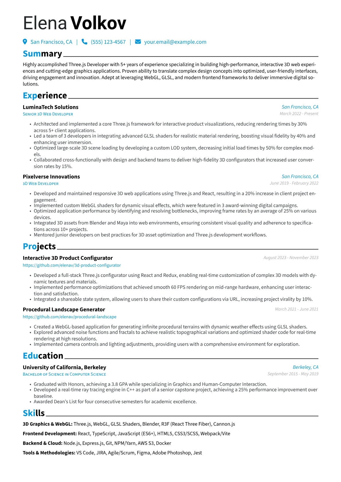 Three.js Developer Resume Example CV template - Page 1