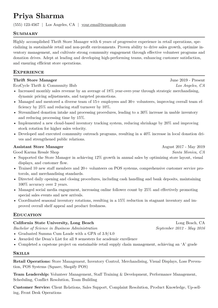 Thrift Store Manager Resume Example CV template preview