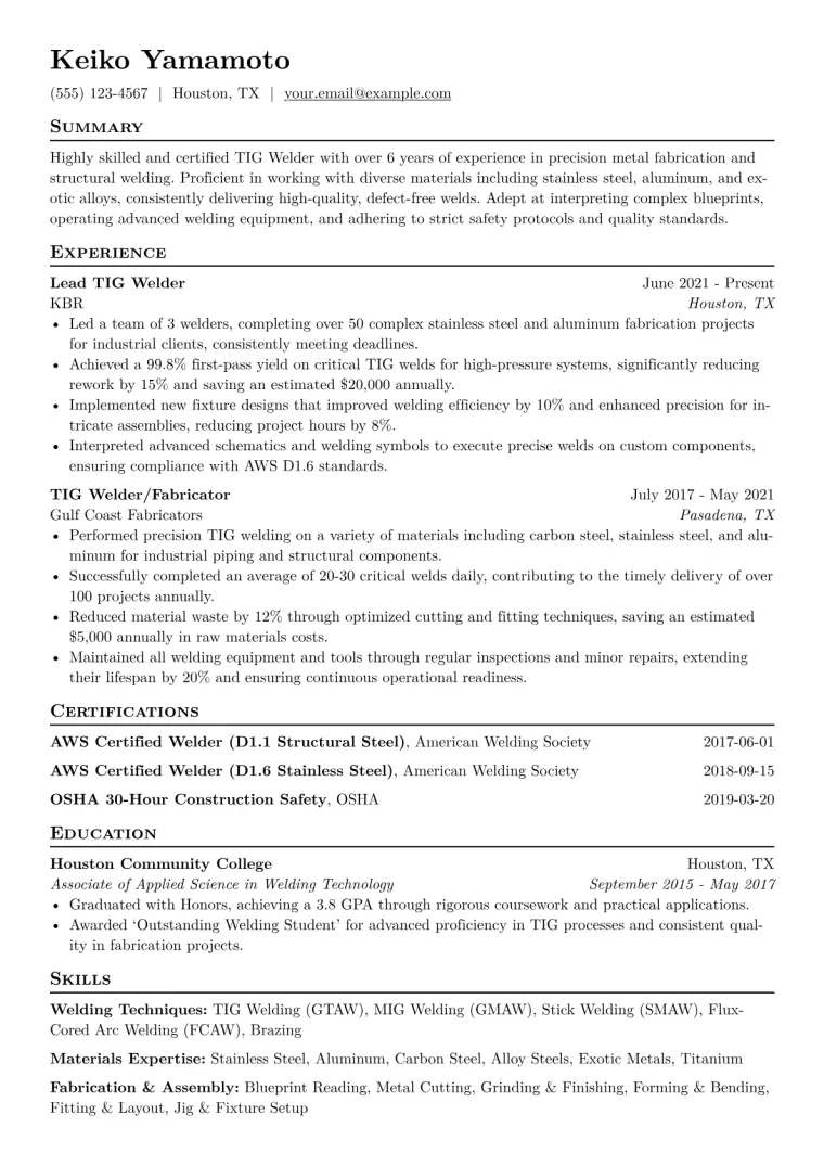 TIG Welder Resume Example CV template preview