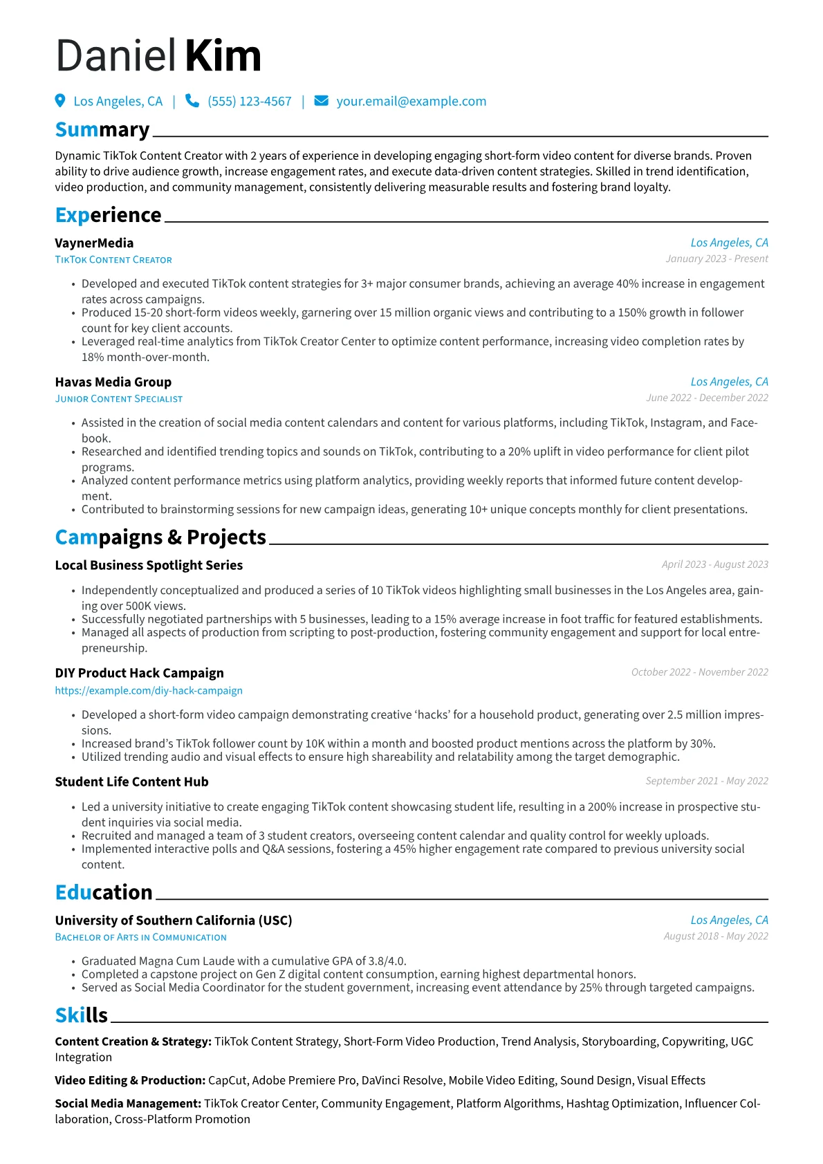 TikTok Content Creator Resume Example CV template - Page 1