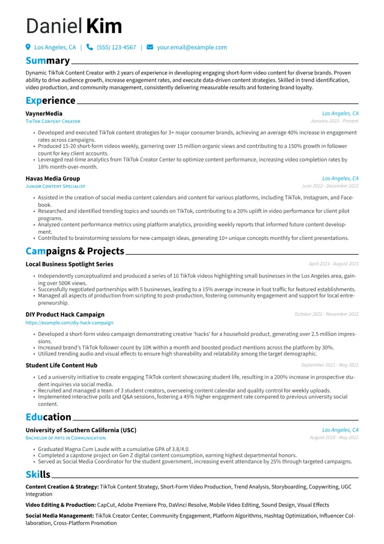 TikTok Content Creator Resume Example CV template preview