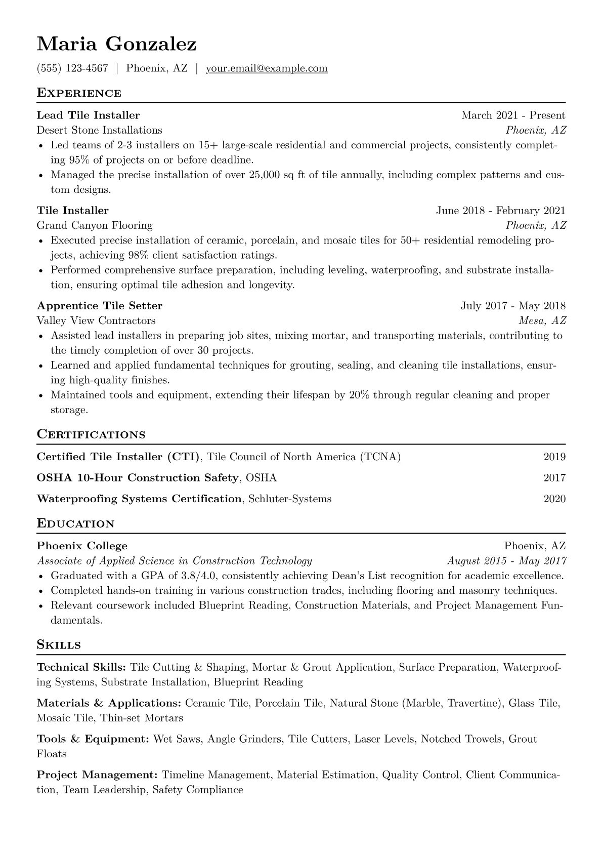 Tile Installer Resume Example CV template - Page 1