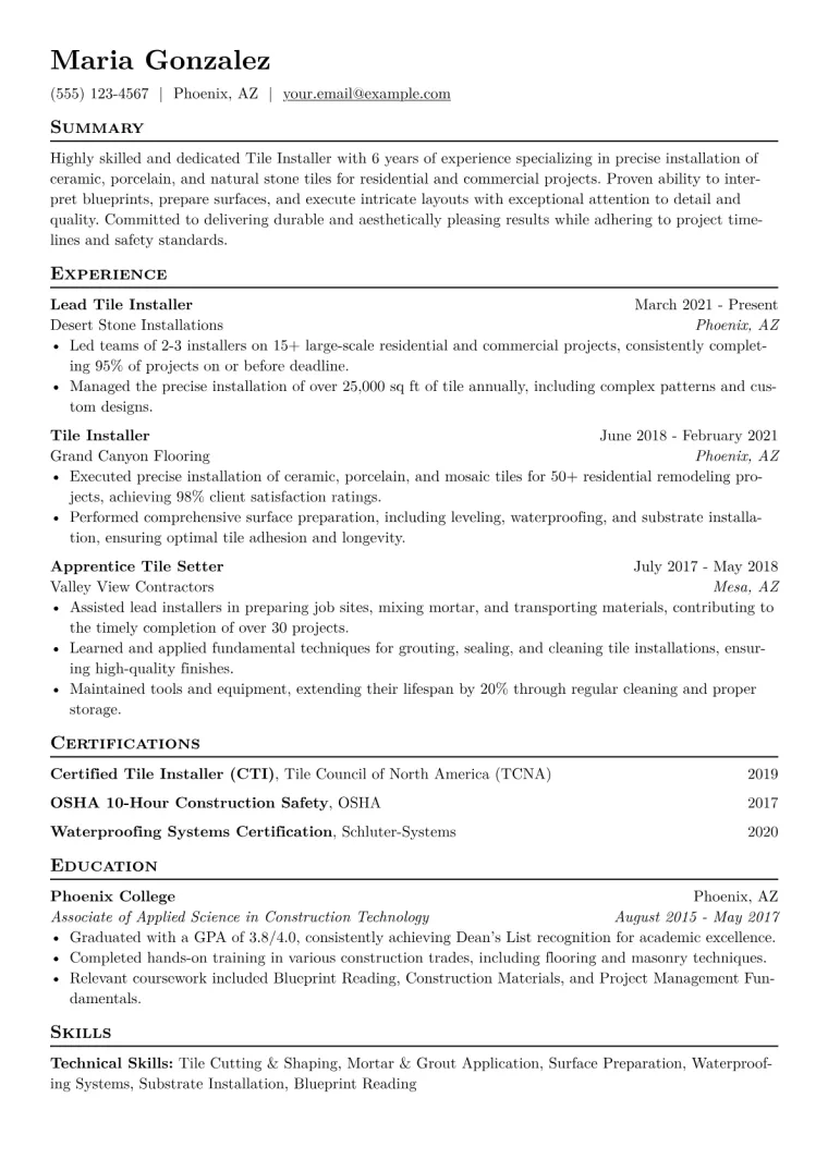 Tile Installer Resume Example CV template preview