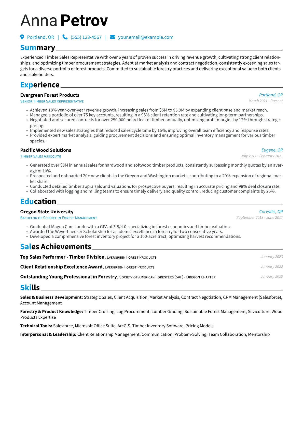 Timber Sales Representative Resume Example CV template - Page 1