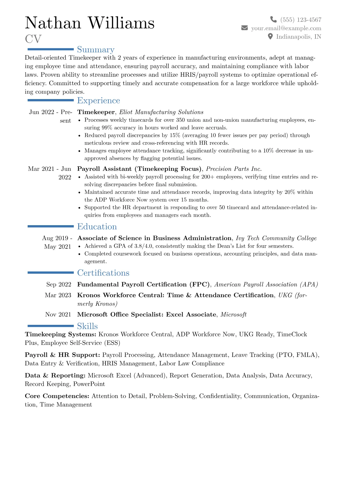 Timekeeper Resume Example CV template - Page 1