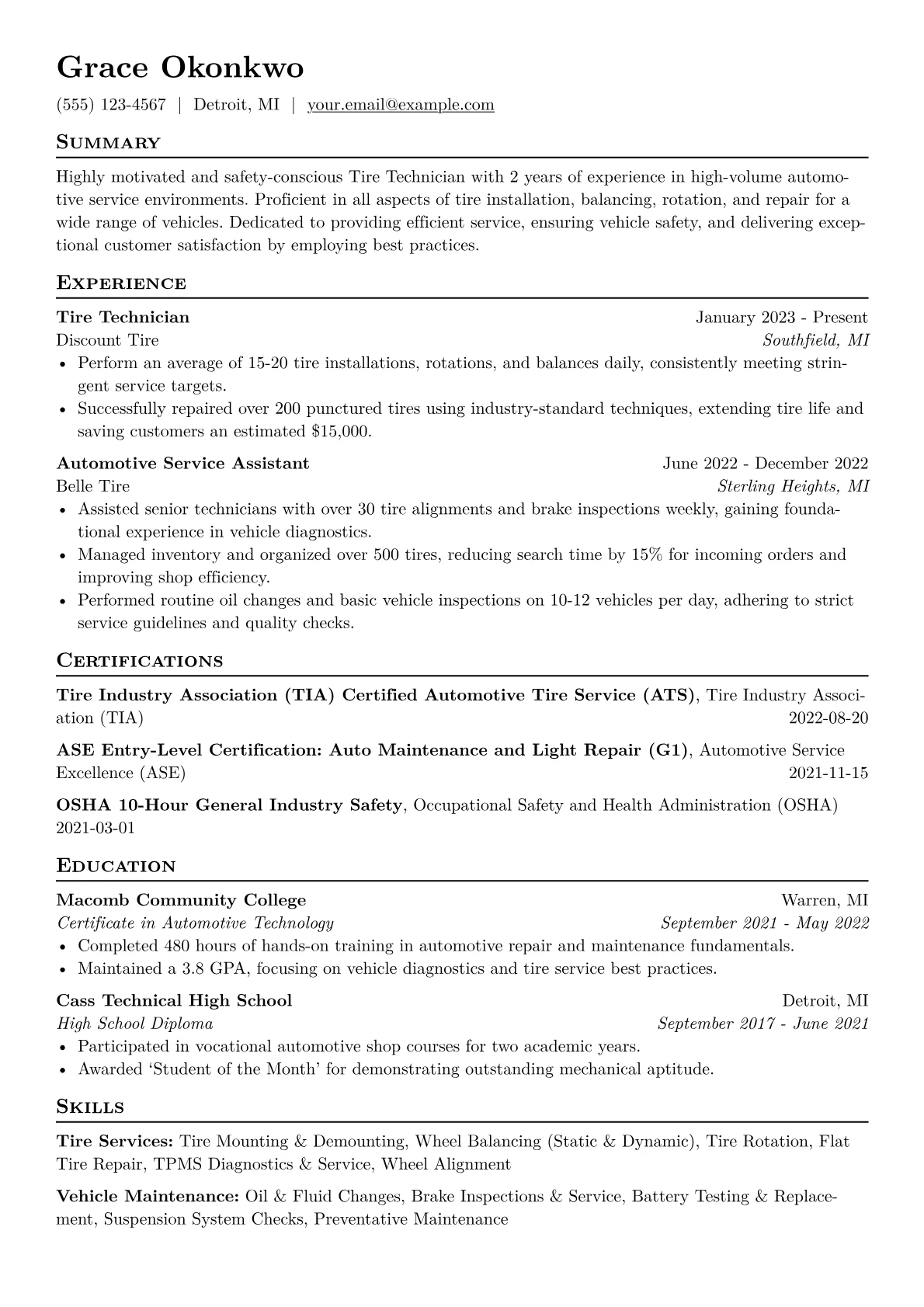 Tire Technician Resume Example CV template - Page 1