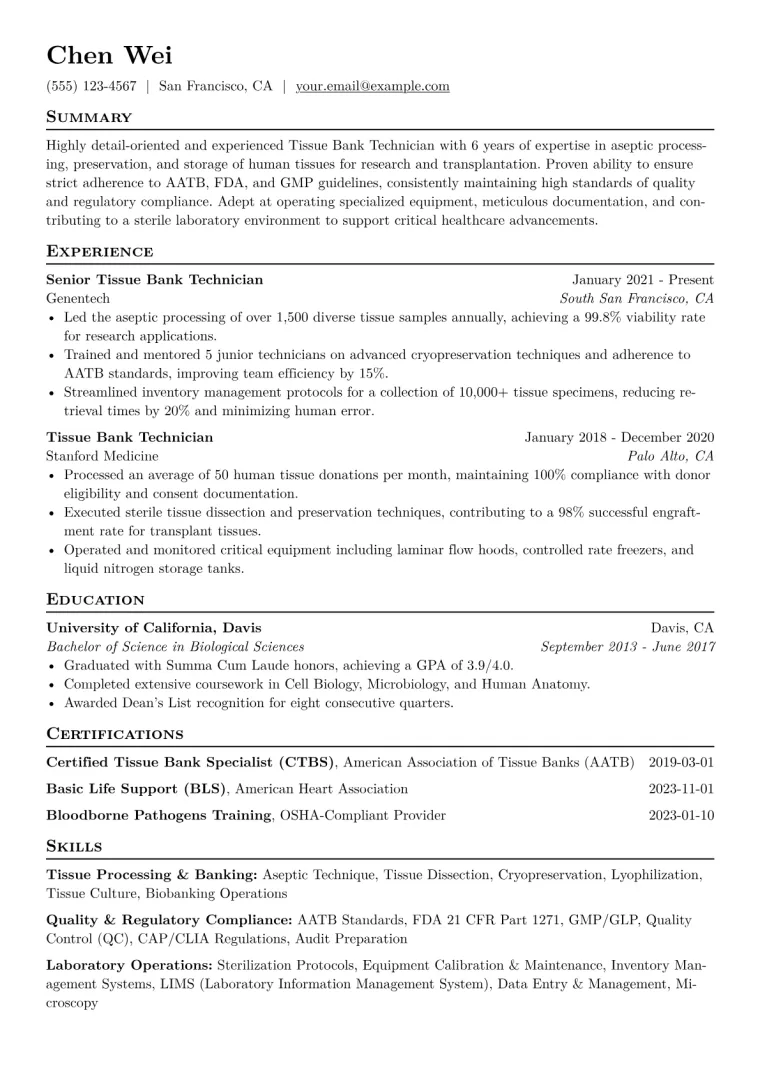 Tissue Bank Technician Resume Example CV template preview