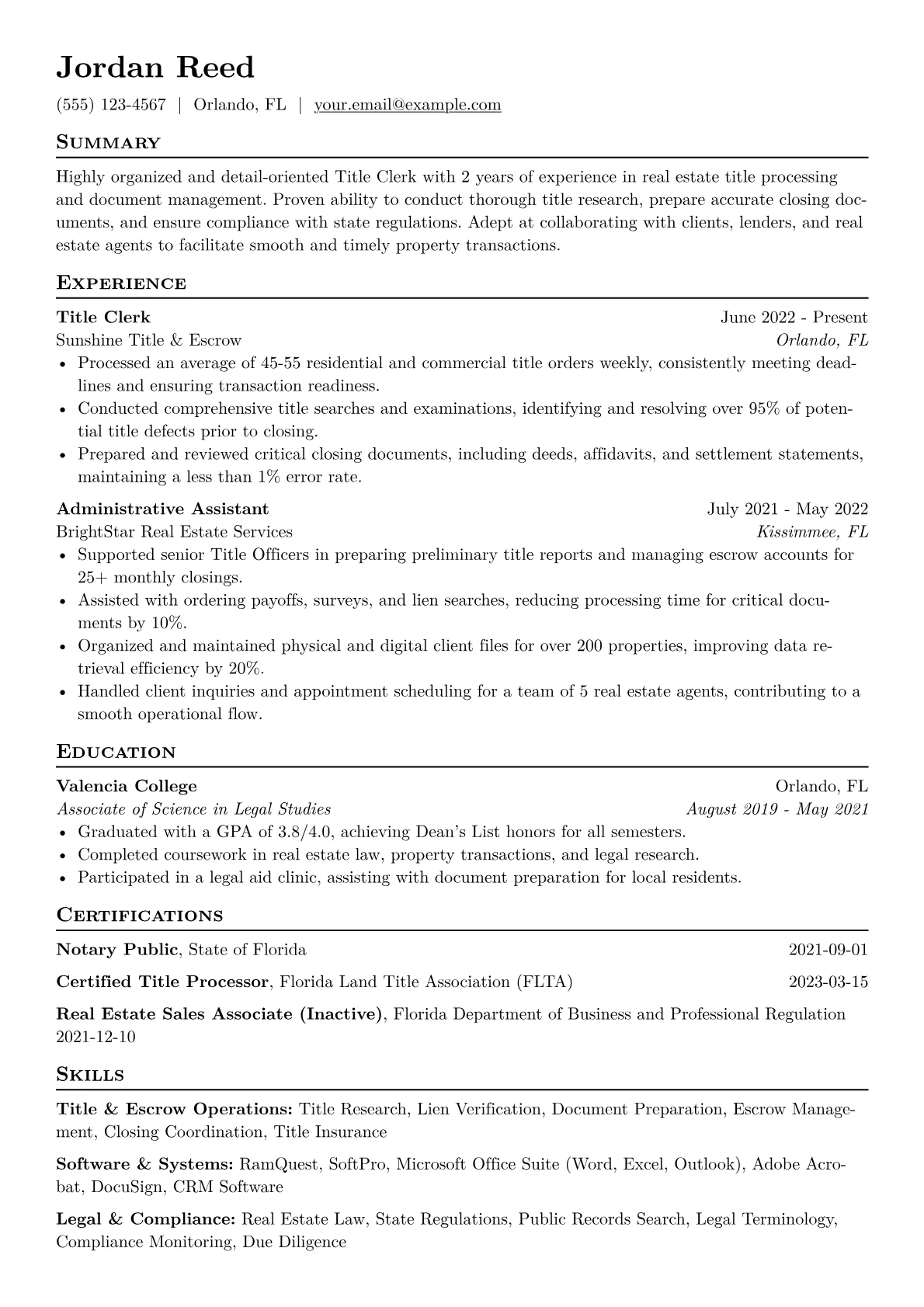 Title Clerk Resume Example CV template - Page 1