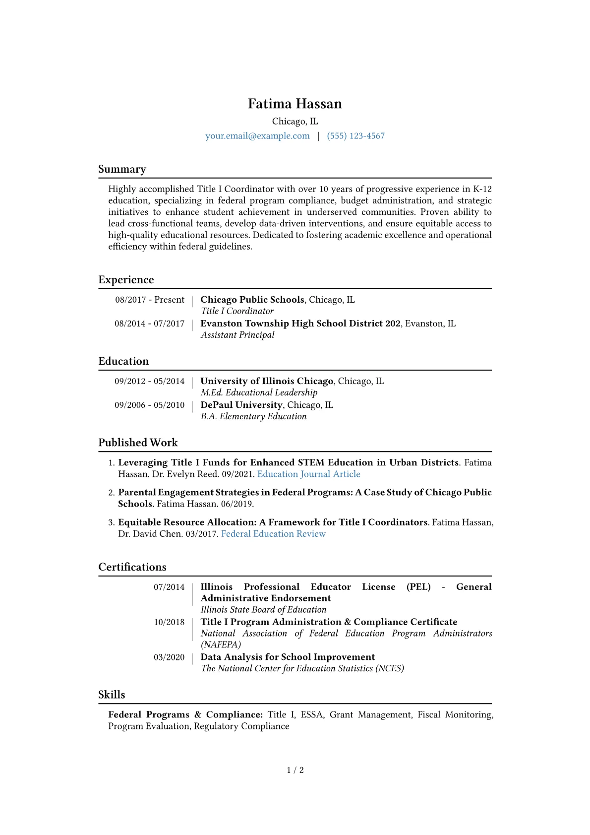 Title I Coordinator Resume Example CV template - Page 1