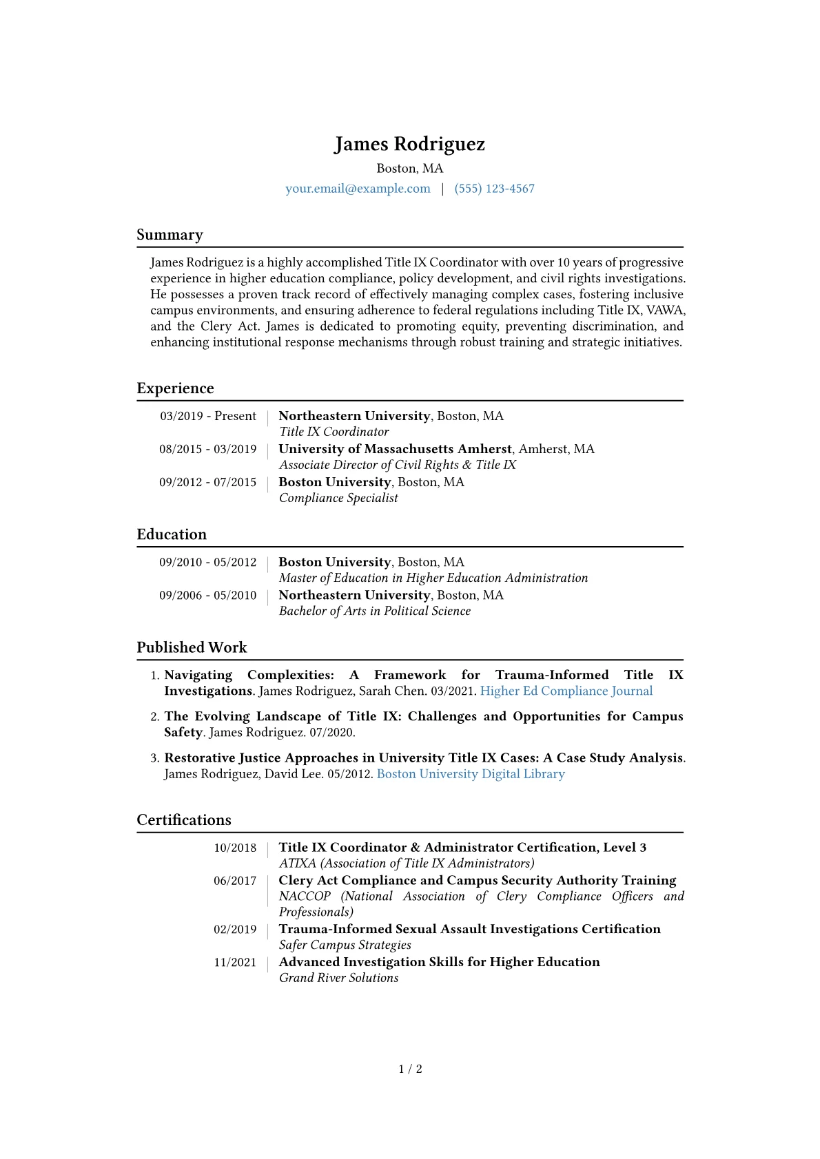 Title IX Coordinator Resume Example CV template - Page 1