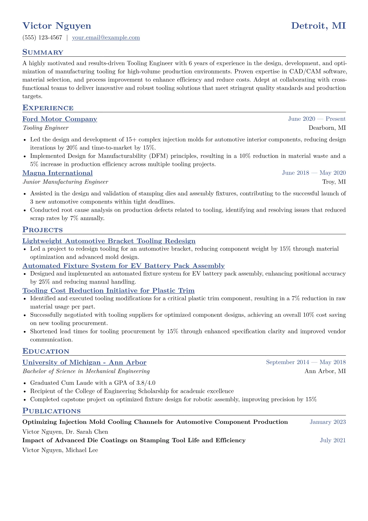 Tooling Engineer Resume Example CV template - Page 1
