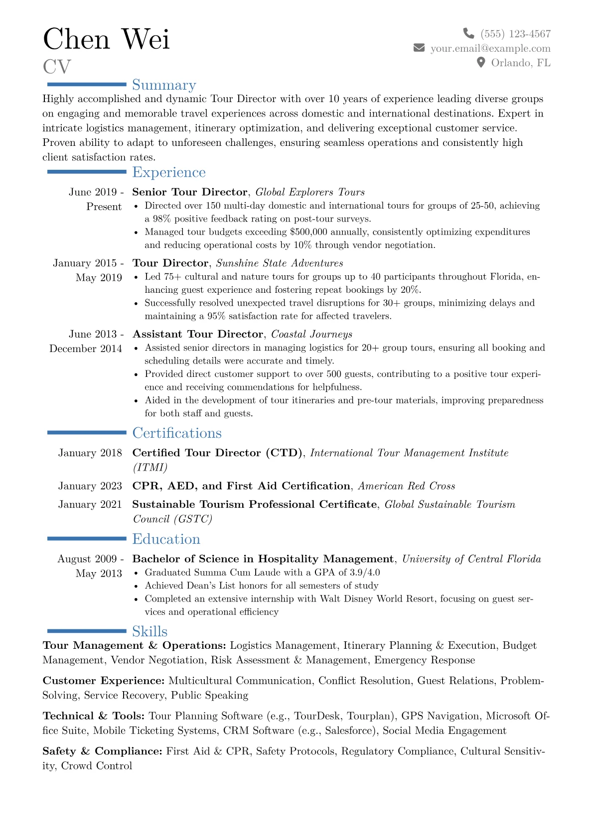 Tour Director Resume Example CV template - Page 1