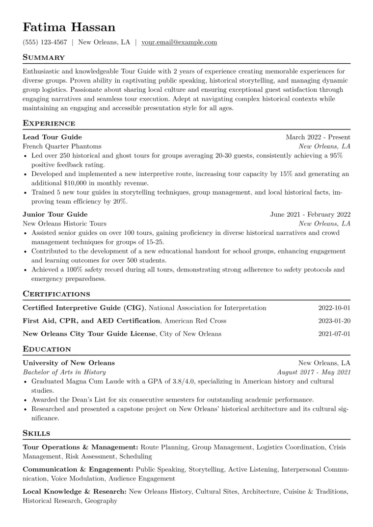 Tour Guide Resume Example