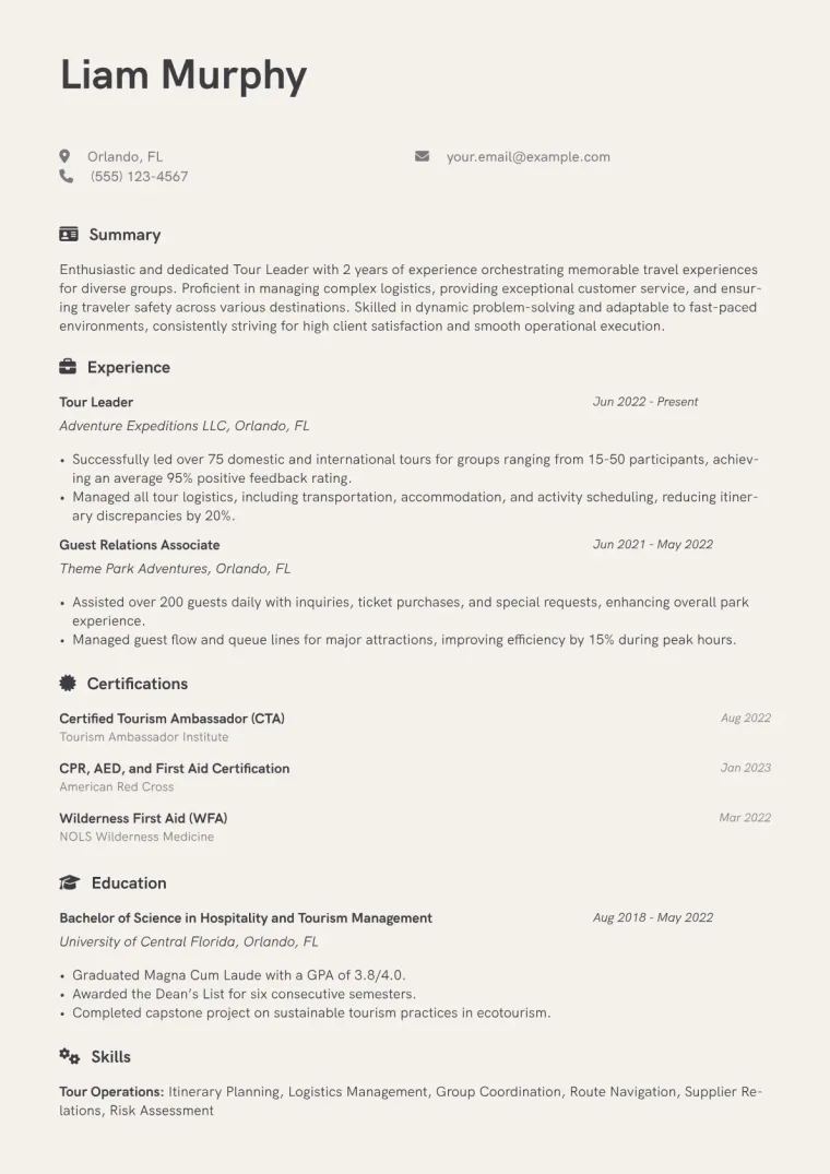 Tour Leader Resume Example CV template preview