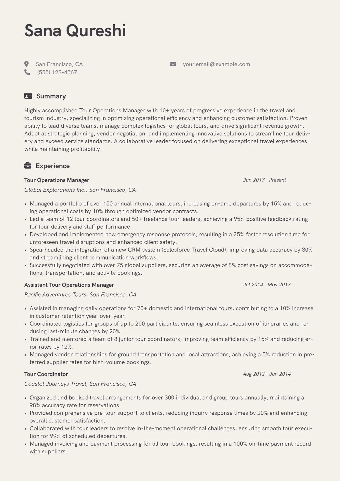 Tour Operations Manager Resume Example CV template - Page 1