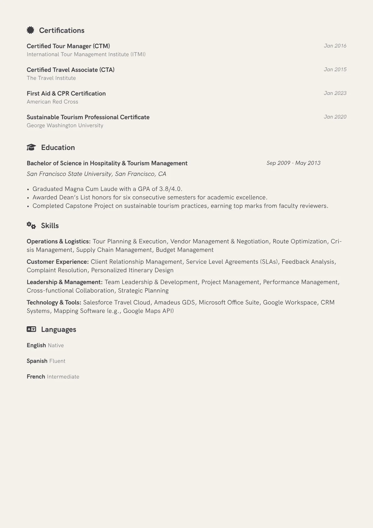 Tour Operations Manager Resume Example CV template - Page 2