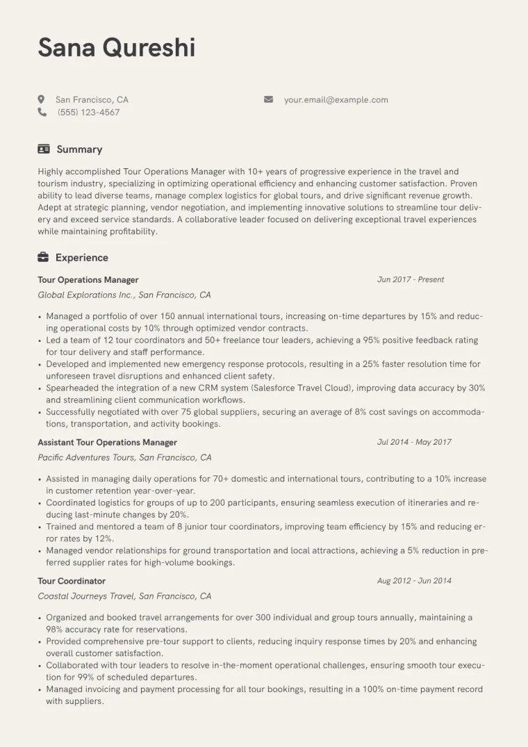 Tour Operations Manager Resume Example CV template preview