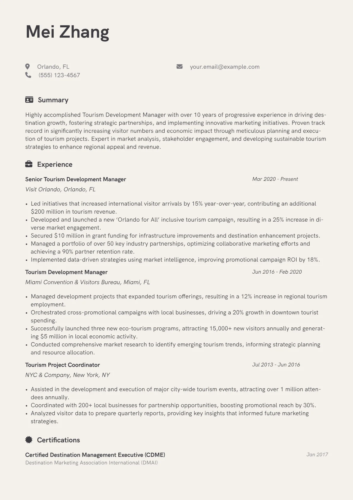 Tourism Development Manager Resume Example CV template - Page 1
