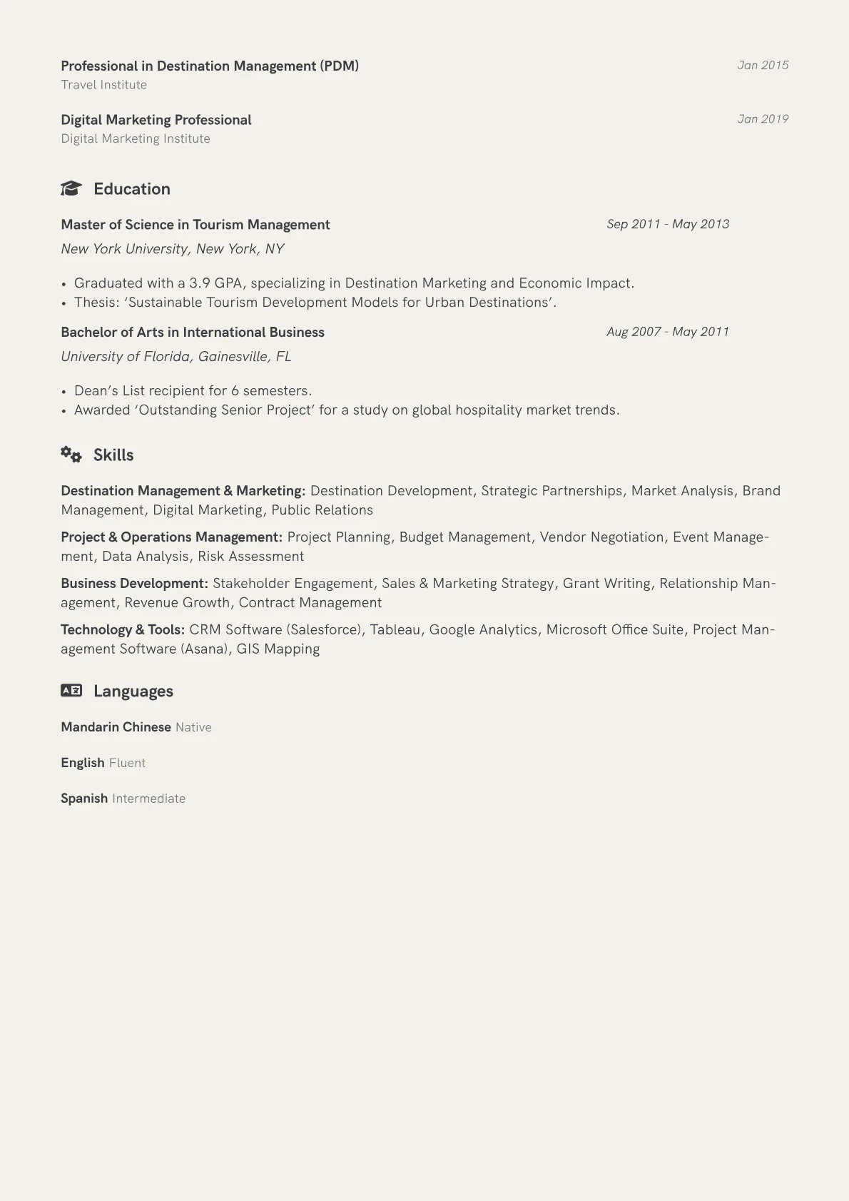 Tourism Development Manager Resume Example CV template - Page 2
