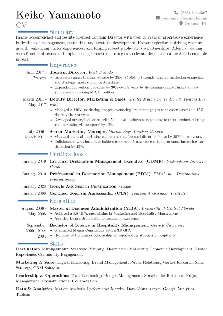 Tourism Director Resume Example CV template preview