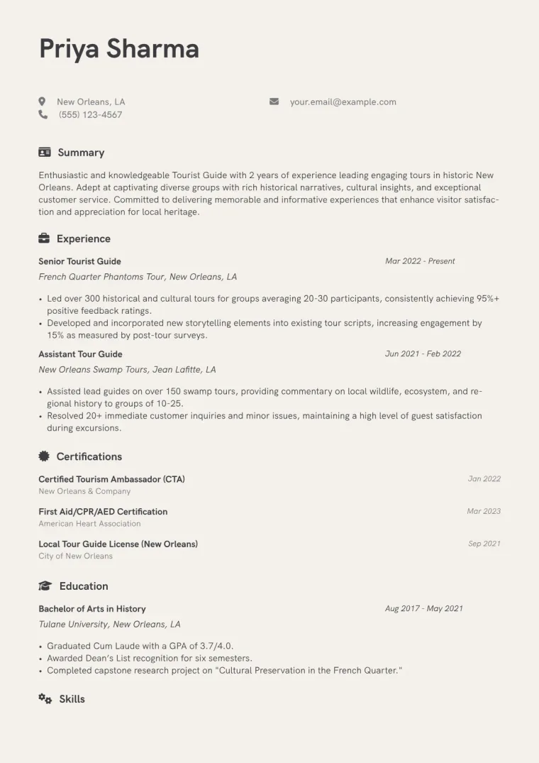 Tourist Guide Resume Example CV template preview