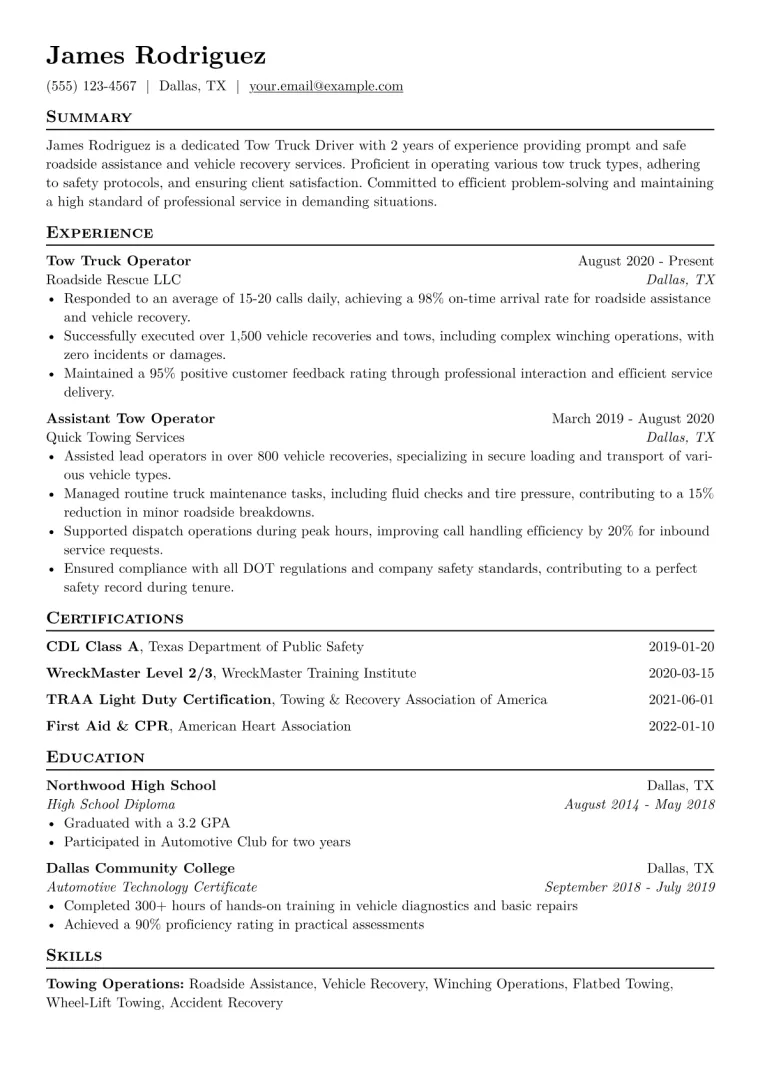Tow Truck Driver Resume Example CV template preview
