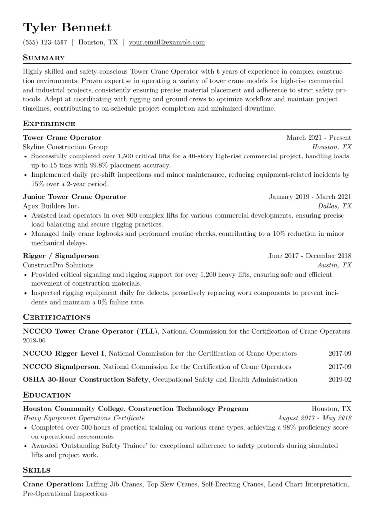 Tower Crane Operator Resume Example CV template preview