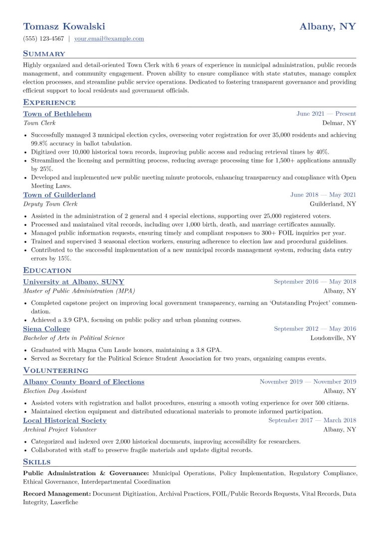 Town Clerk Resume Example CV template preview