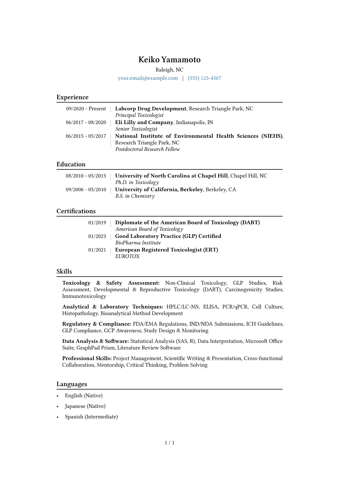 Toxicologist Resume Example CV template - Page 1
