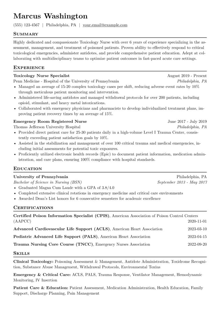 Toxicology Nurse Resume Example CV template preview