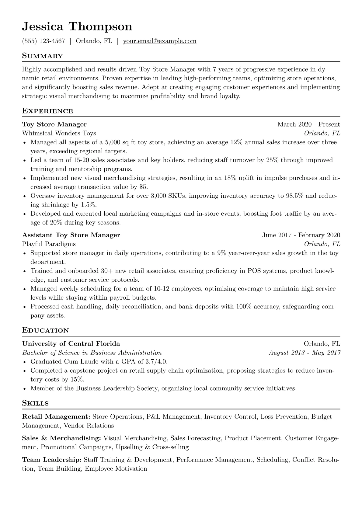 Toy Store Manager Resume Example CV template - Page 1