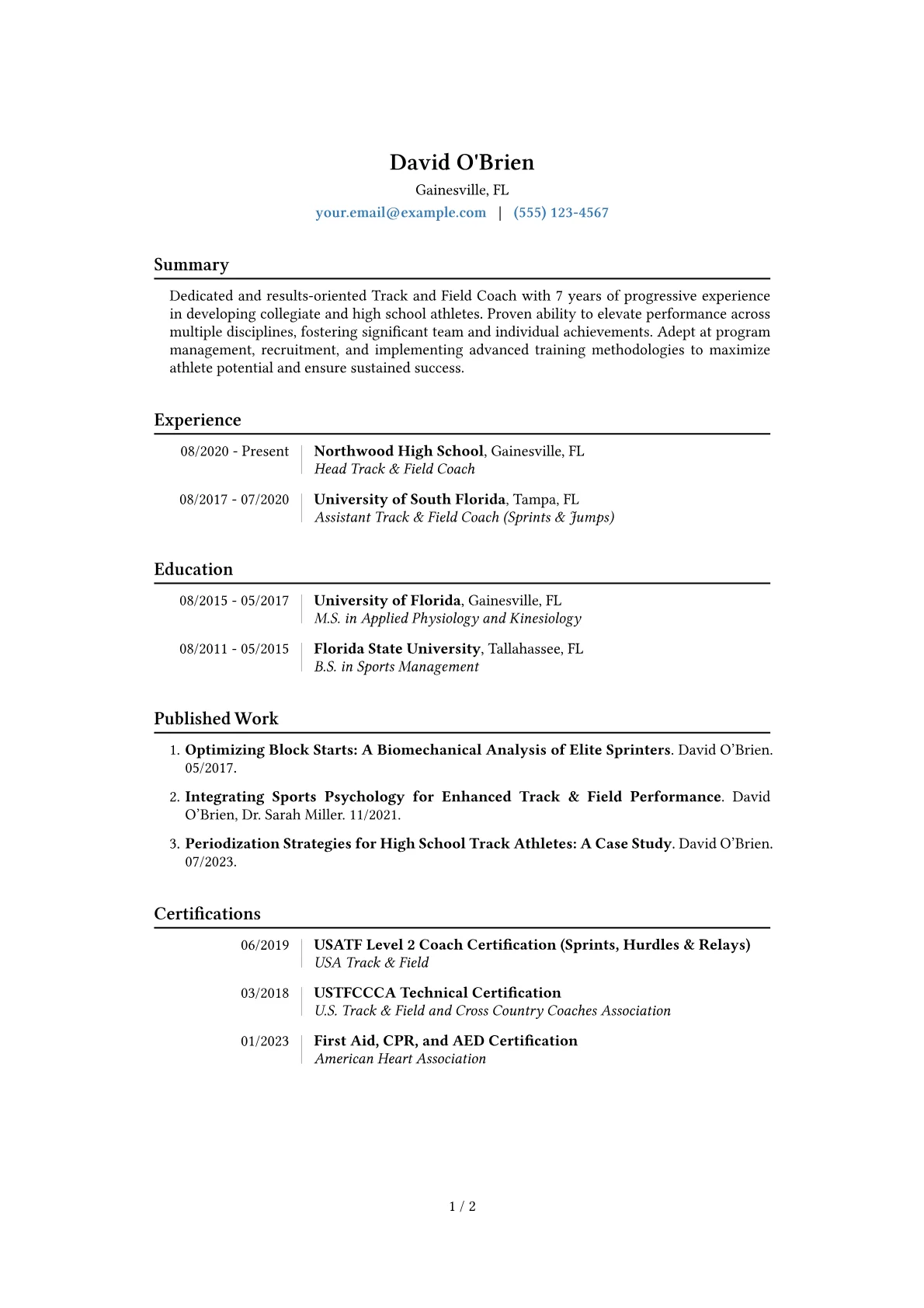 Track Coach Resume Example CV template - Page 1