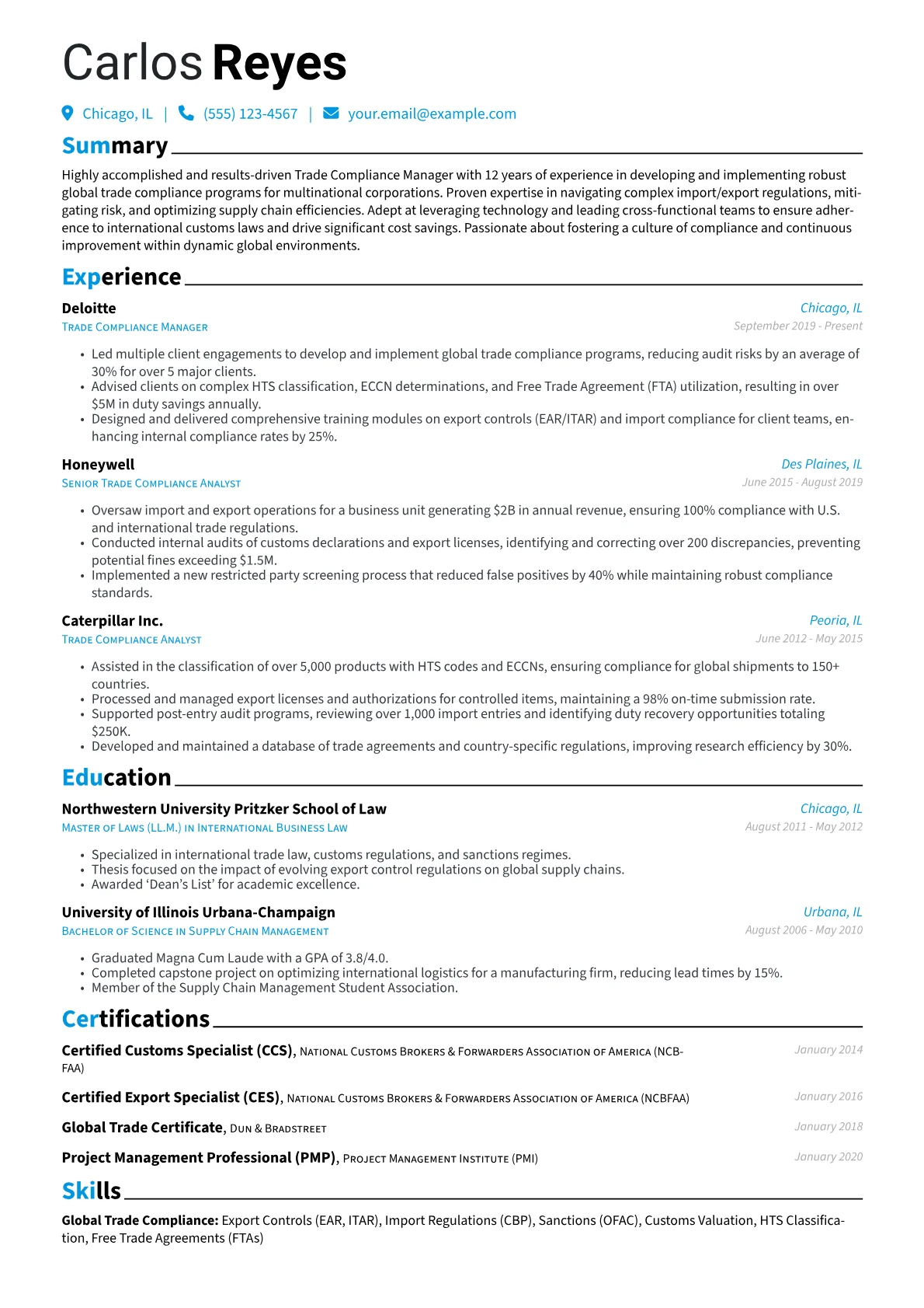 Trade Compliance Manager Resume Example CV template - Page 1