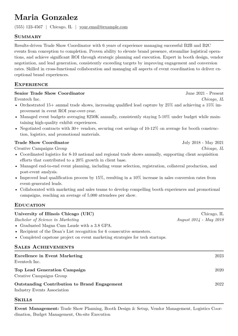 Trade Show Coordinator Resume Example CV template preview