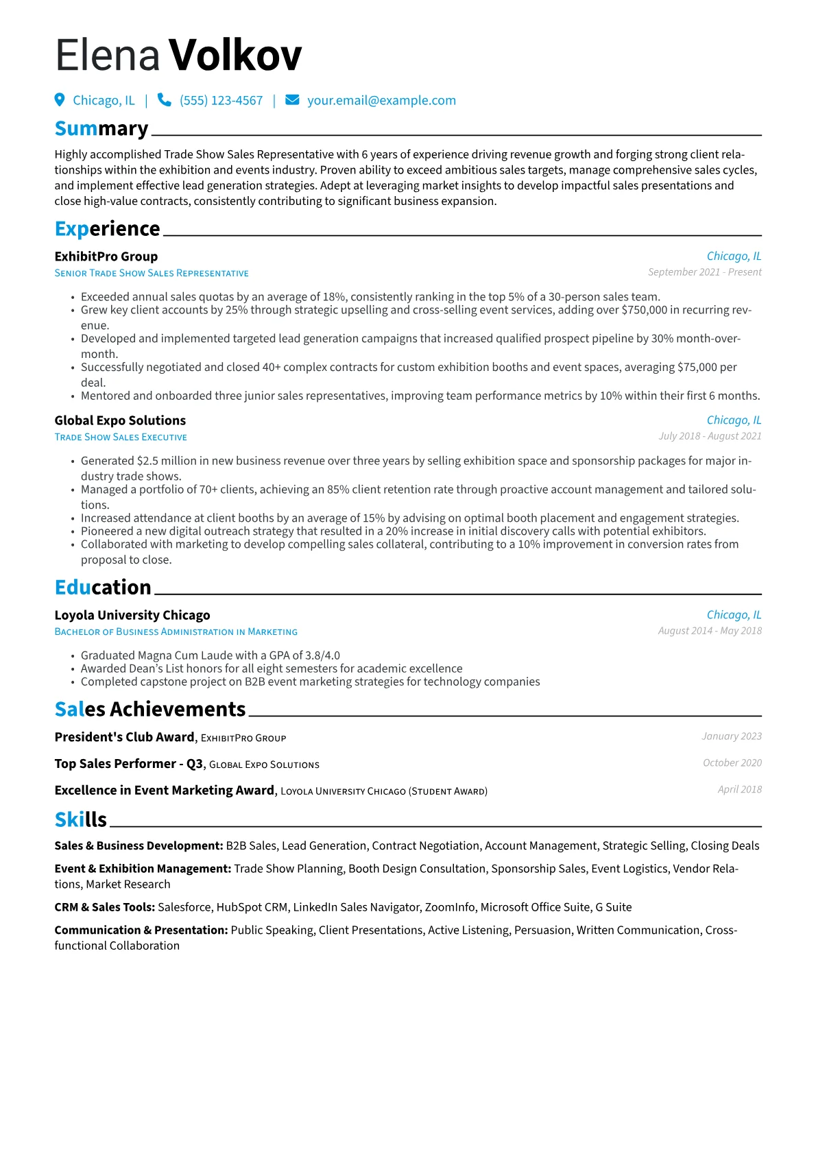 Trade Show Sales Representative Resume Example CV template - Page 1