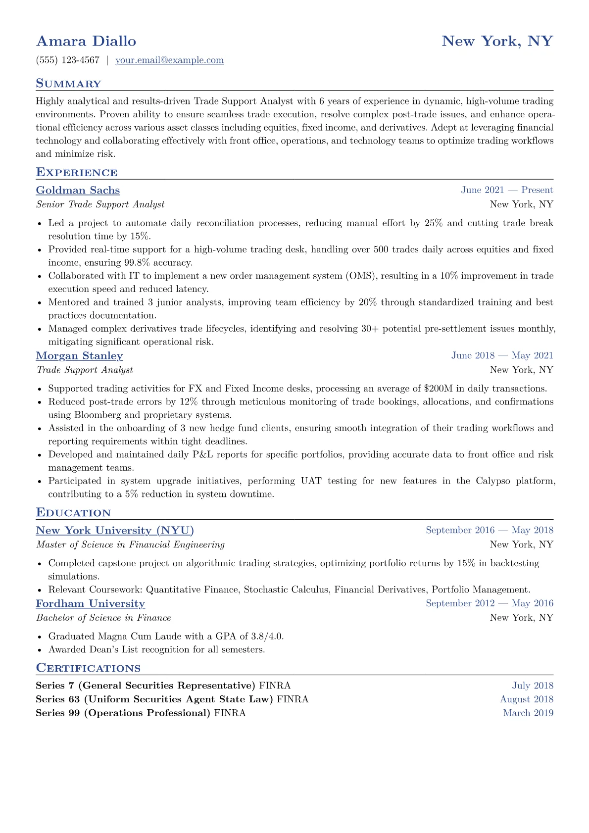 Trade Support Analyst Resume Example CV template - Page 1